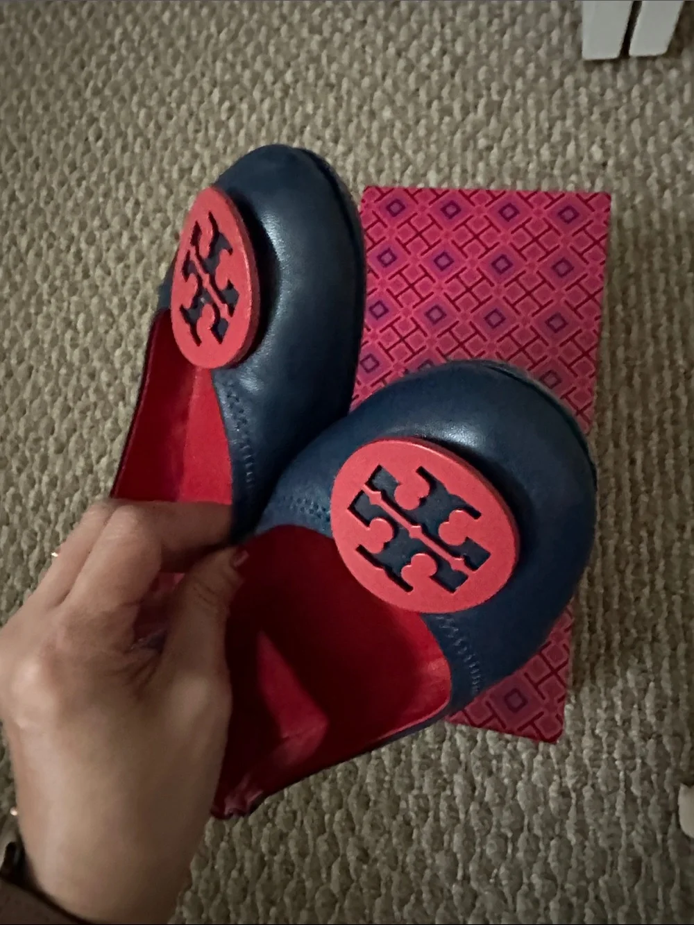 Tory Burch Navy Flats with Red Logo Medallions